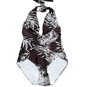 Tommy Bahama Shirred Plunge Halter One Piece Swimsuit in Barolo Brown NWT Size 8